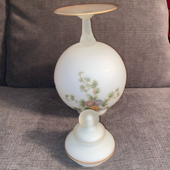 Vtg Frosted Satin Bristol Glass Pedestal Apothecary Globe Jar Handpainted Floral - Picture 7 of 8
